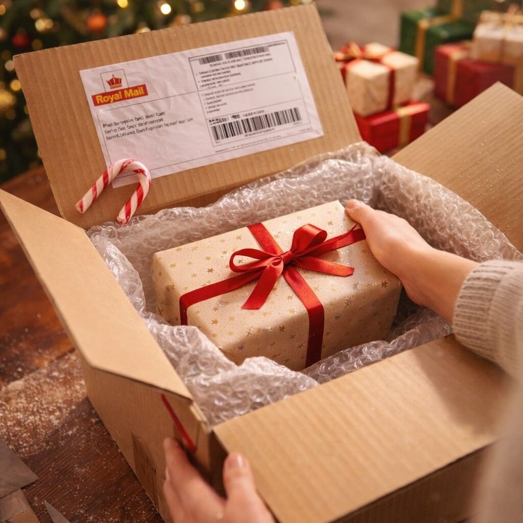Hands packing a wrapped Christmas gift into a parcel box with bubble wrap and Royal Mail postage label for Christmas 2025 delivery.
