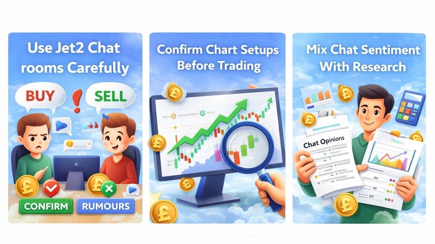 Illustration showing traders analysing Jet2 share price trends, buy or sell discussions and market signals