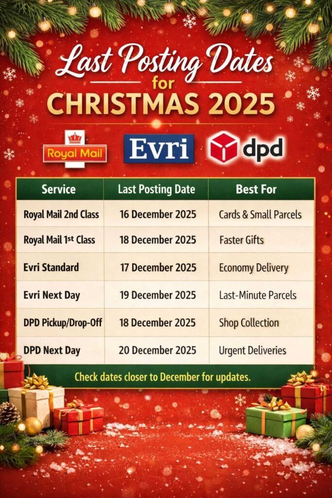Infographic showing Last Posting Dates for Christmas 2025 for Royal Mail, Evri, and DPD with deadline table and festive background.