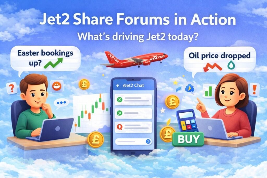 Jet2 share forums visual with chart analysis, oil price news and booking discussions in chat format