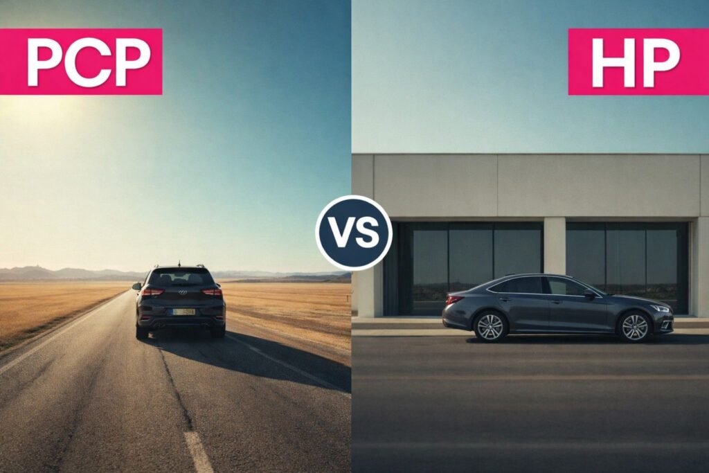 PCP vs HP split comparison graphic showing two cars.