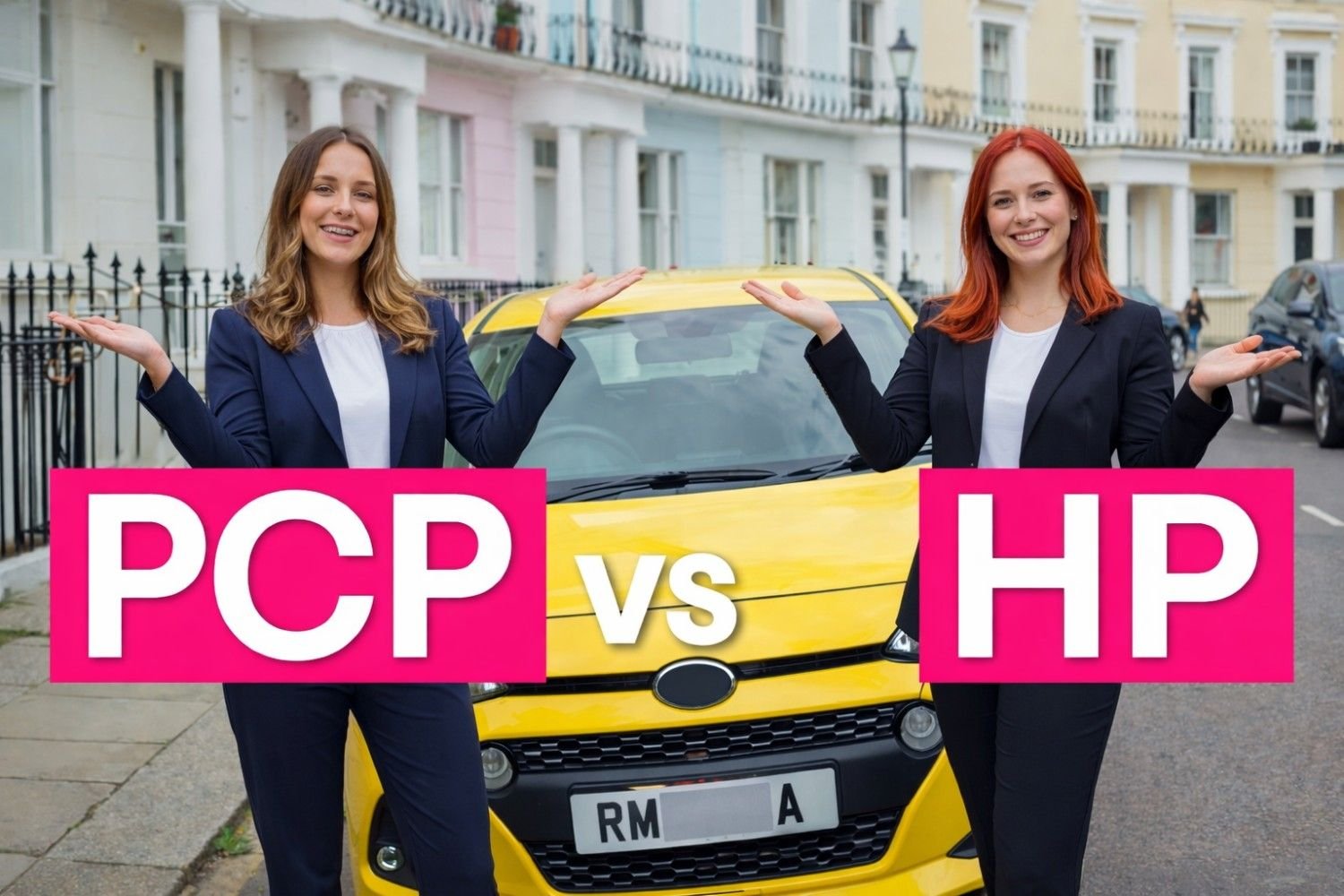 Two women comparing PCP vs HP car finance beside a yellow car.