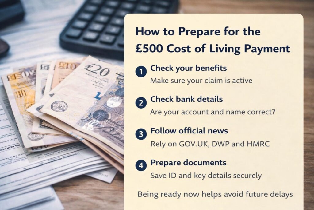 UK banknotes stacked beside a preparation guide graphic showing four steps: check benefits, check bank details, follow official DWP updates, and prepare documents in advance.