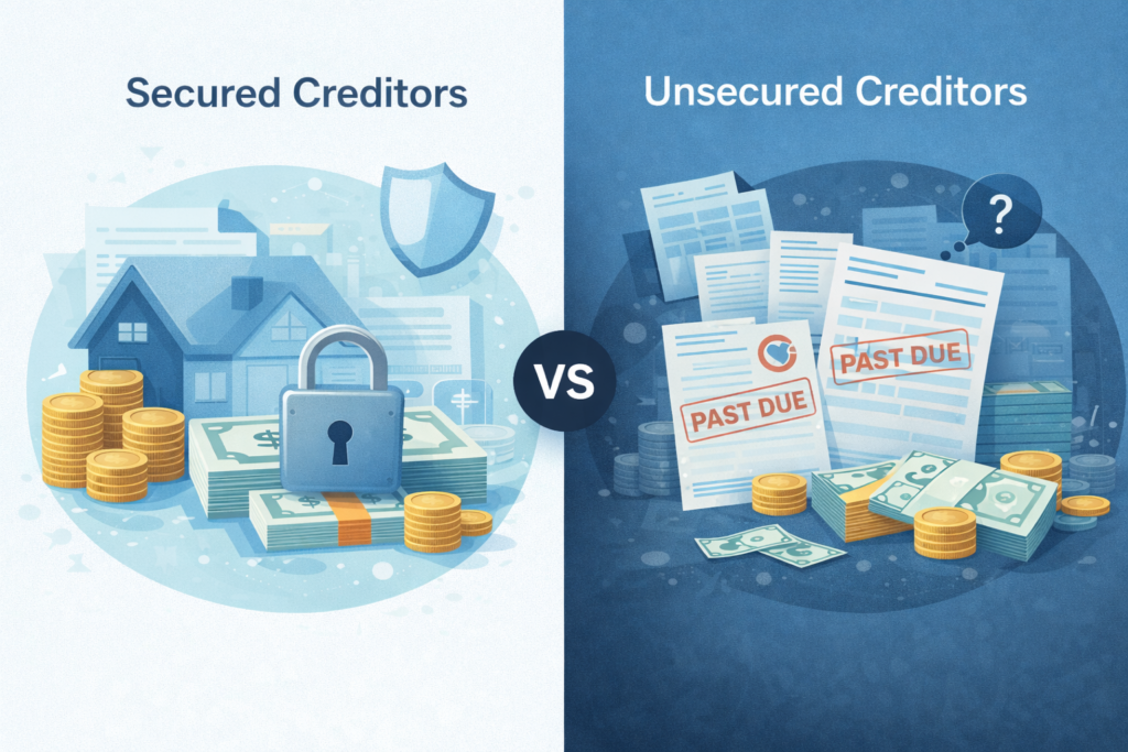 Visual-comparison-of-secured-and-unsecured-creditors-showing-assets-documents-and-money-related-to-understanding-Creditors-Amount-Falling-Within-One-Year-for-business-accounts