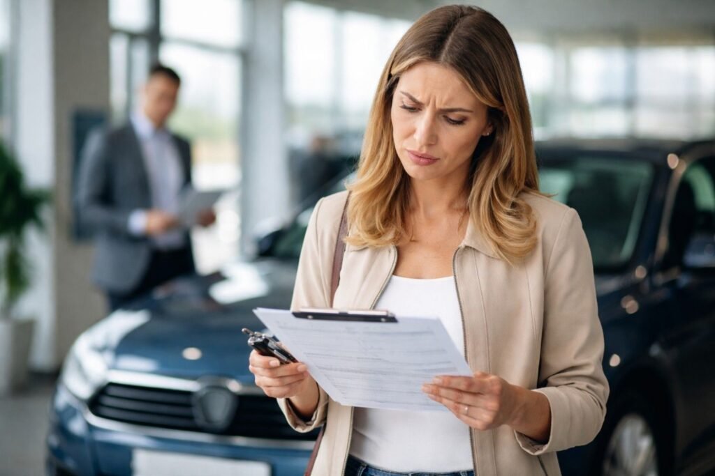 Woman reviewing car finance documents at a dealership . How Do I Know If I Was Mis-Sold Car Finance