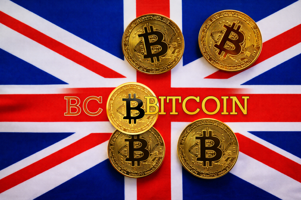 BC Bitcoin UK – Bitcoin coins on Union Jack background