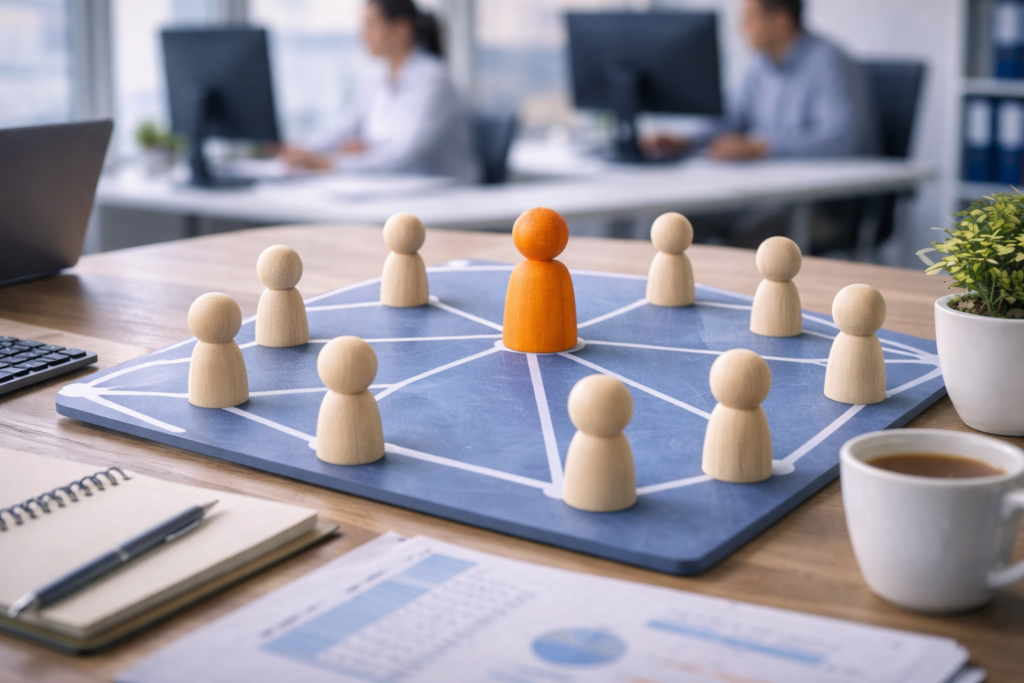 Flat business structure showing shared leadership and connected team roles