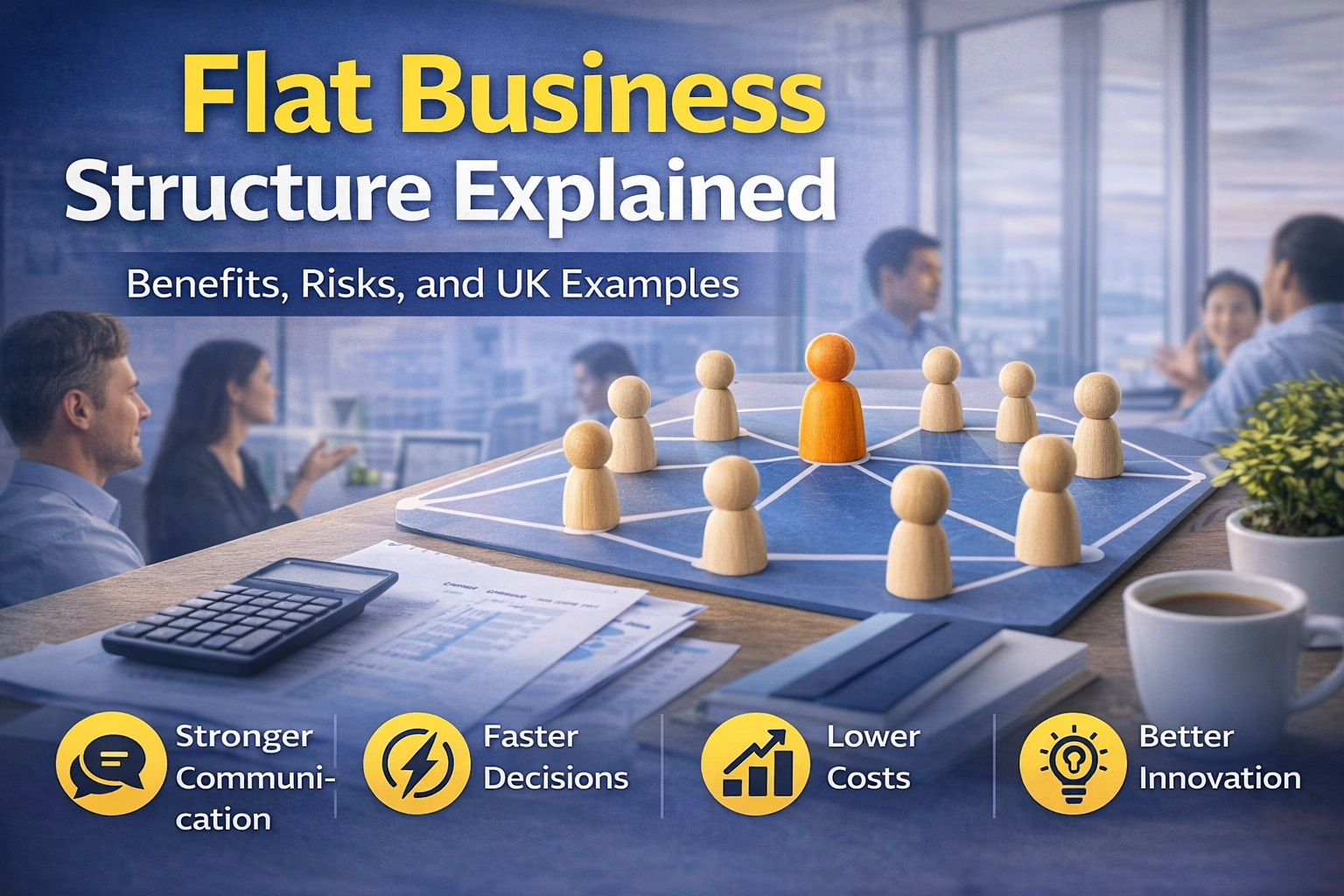 Flat business structure with employees collaborating in an open office environment
