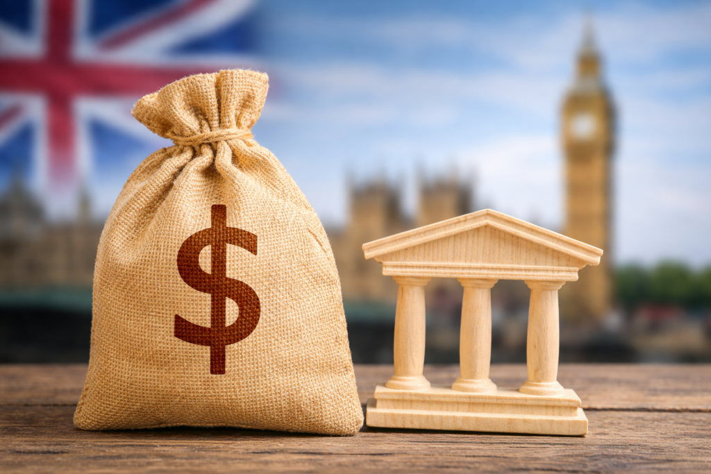 Grants and government finance concept with money bag and institution icon