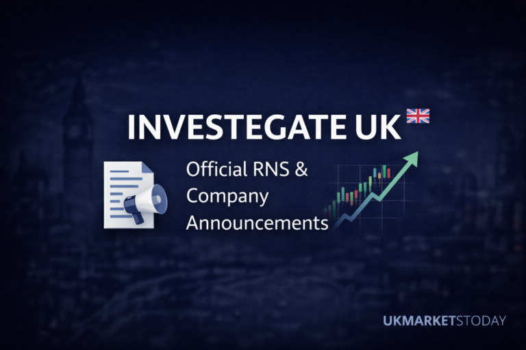 Investegate UK dashboard showing official company RNS announcements