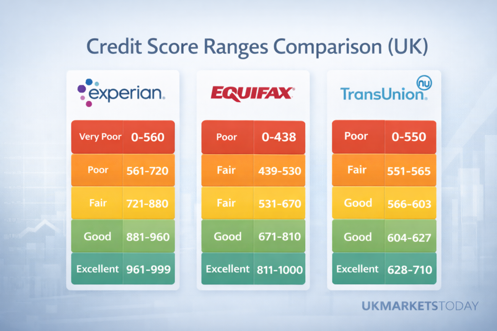 UK credit score ranges comparison Experian Equifax TransUnion