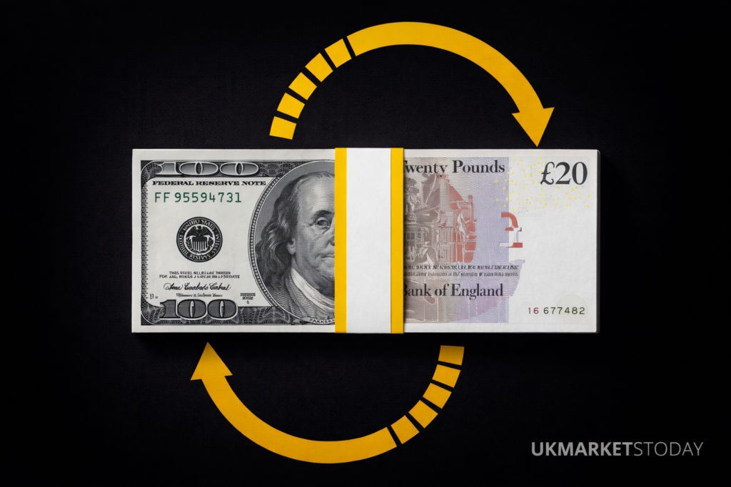 USD to GBP currency conversion showing US dollars exchanged to UK pounds