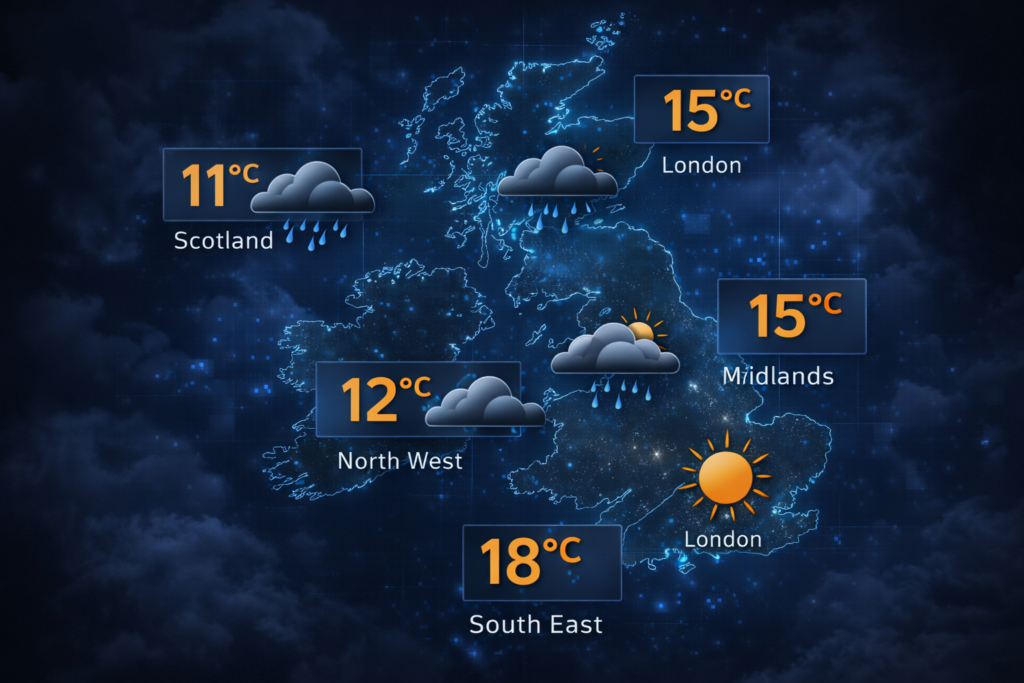 Weather tomorrow dashboard showing temperature, rain chance and wind
