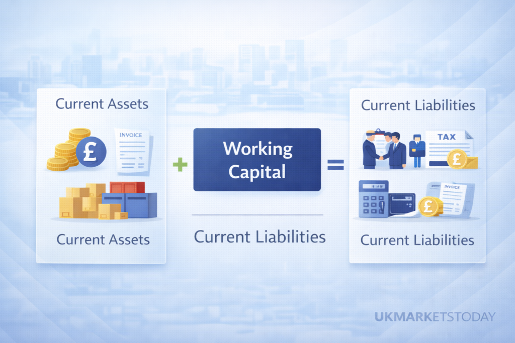 Working capital infographic explaining assets vs liabilities for UK businesses