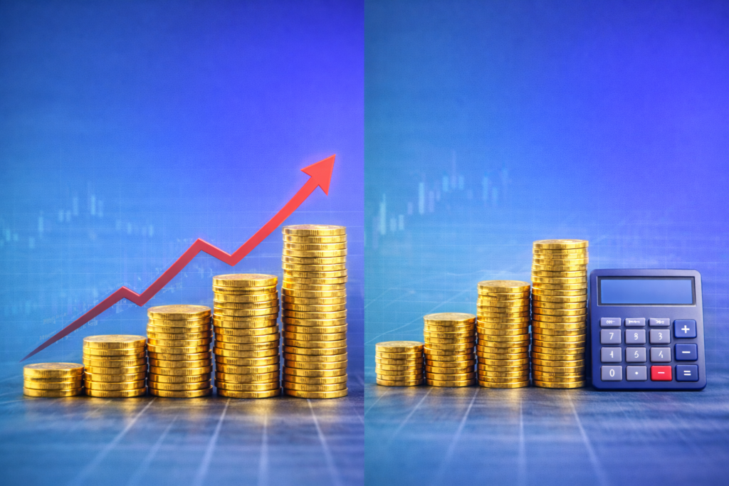 compound interest calculator uk showing money growth with stacked coins
