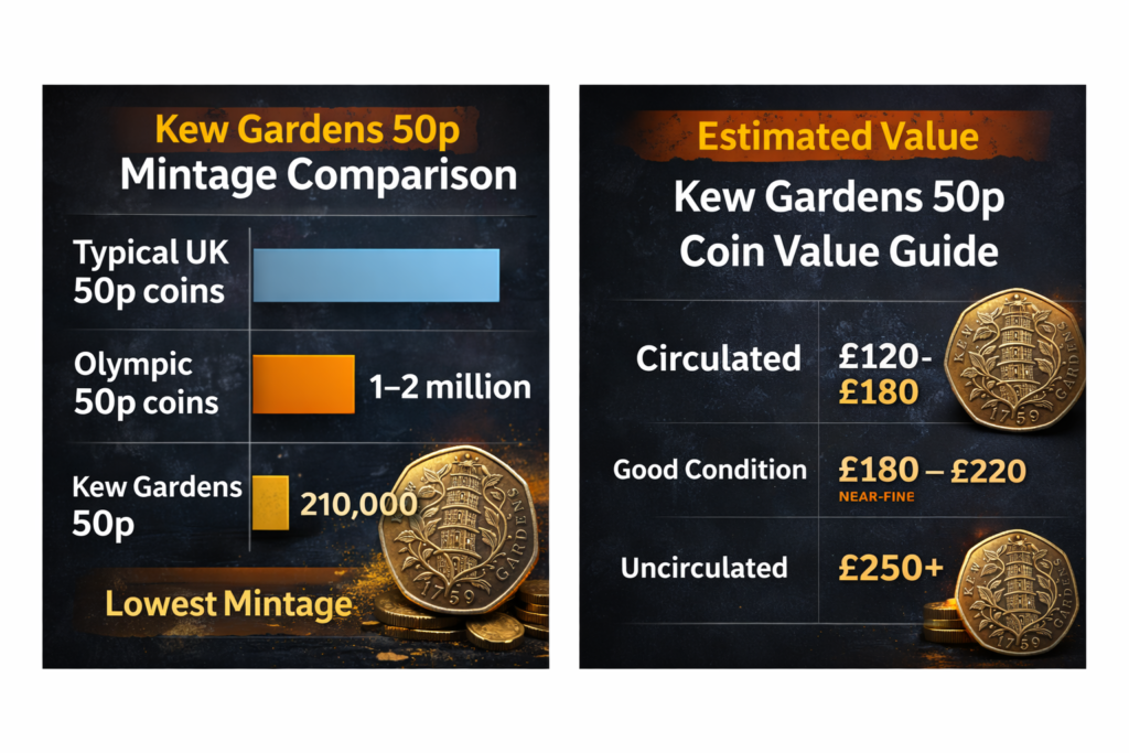 Kew Gardens 50p value guide showing collector prices based on coin condition.