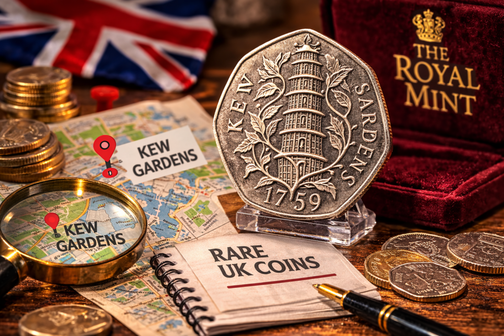 Rare Kew Gardens 50p coin close-up showing the famous pagoda design and collector demand.