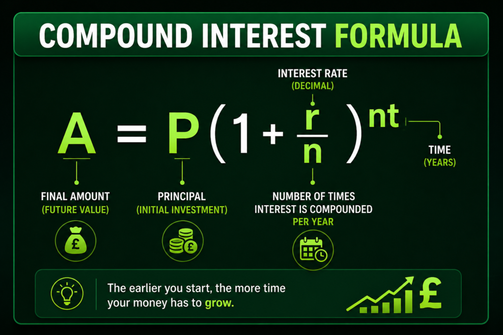 Compound interest calculator UK chart showing long-term money growth over time.