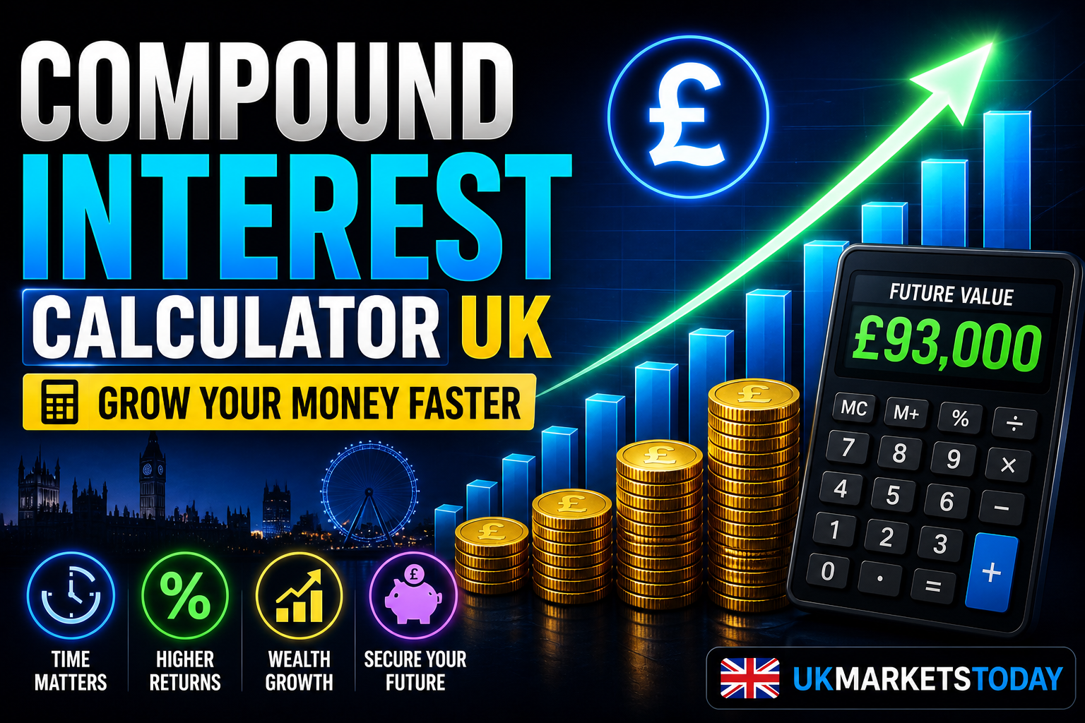 Compound interest calculator UK formula explained with investment growth example.