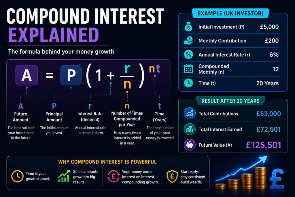 Compound interest calculator UK infographic with future value and savings breakdown.