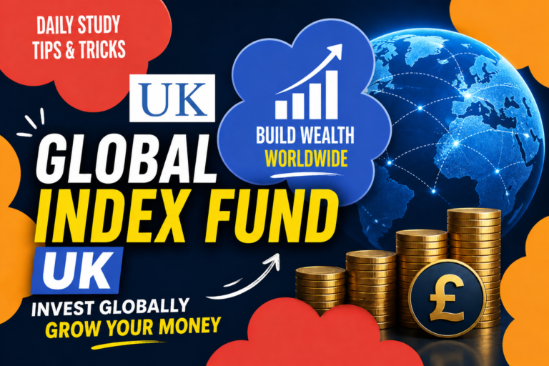Global index fund UK illustration showing balanced international investment strategy.