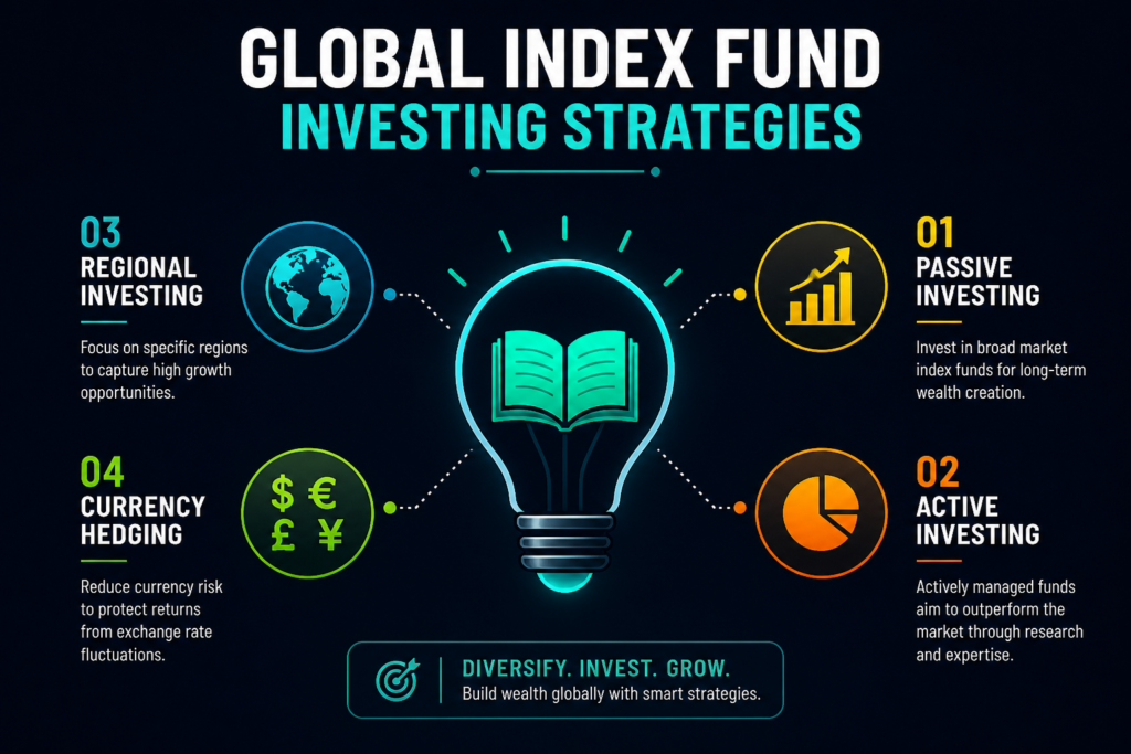 Global index fund UK infographic comparing global diversification and currency exposure.
