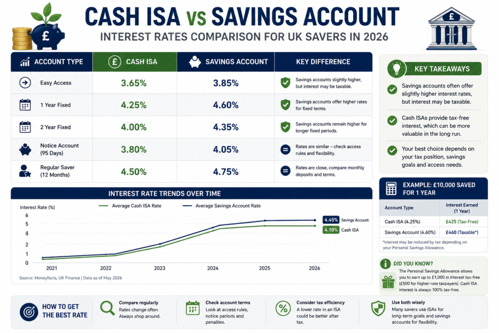Cash ISA vs savings account interest rates comparison