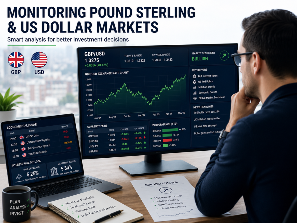 UK investor analysing Pound Sterling and US Dollar exchange rates