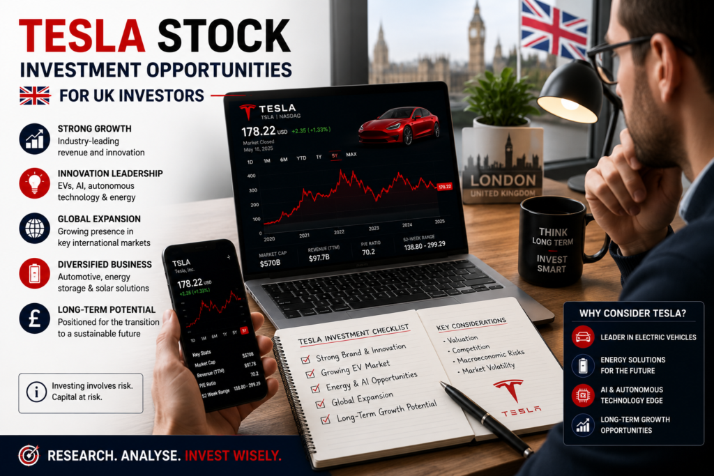 UK investor analysing Tesla stock investment opportunities
