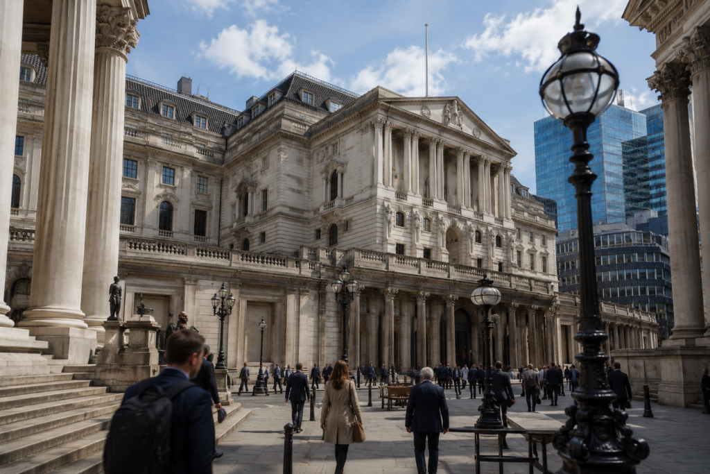 Exterior of the Bank of England in London where UK interest rate decisions are made.