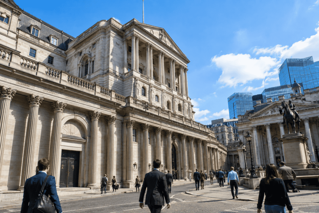 Bank of England building in London where policymakers monitor UK Inflation Today and interest rates.