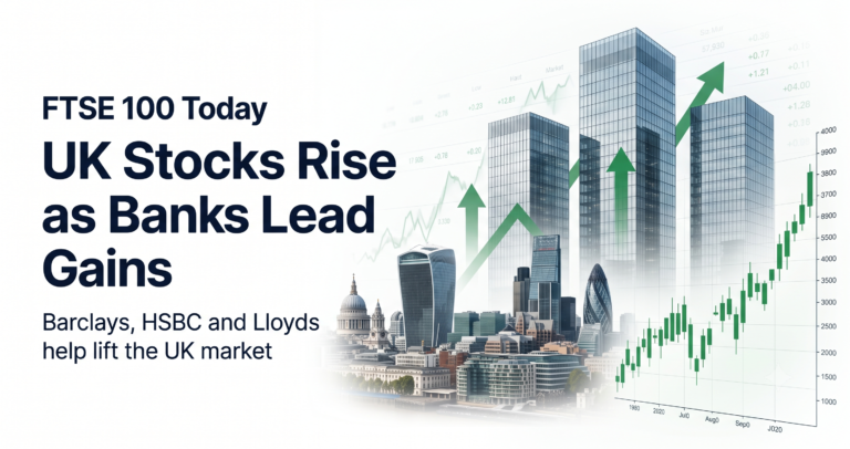 FTSE 100 Today hero image showing the UK stock market rising as Barclays, HSBC and Lloyds lead gains across London's financial markets