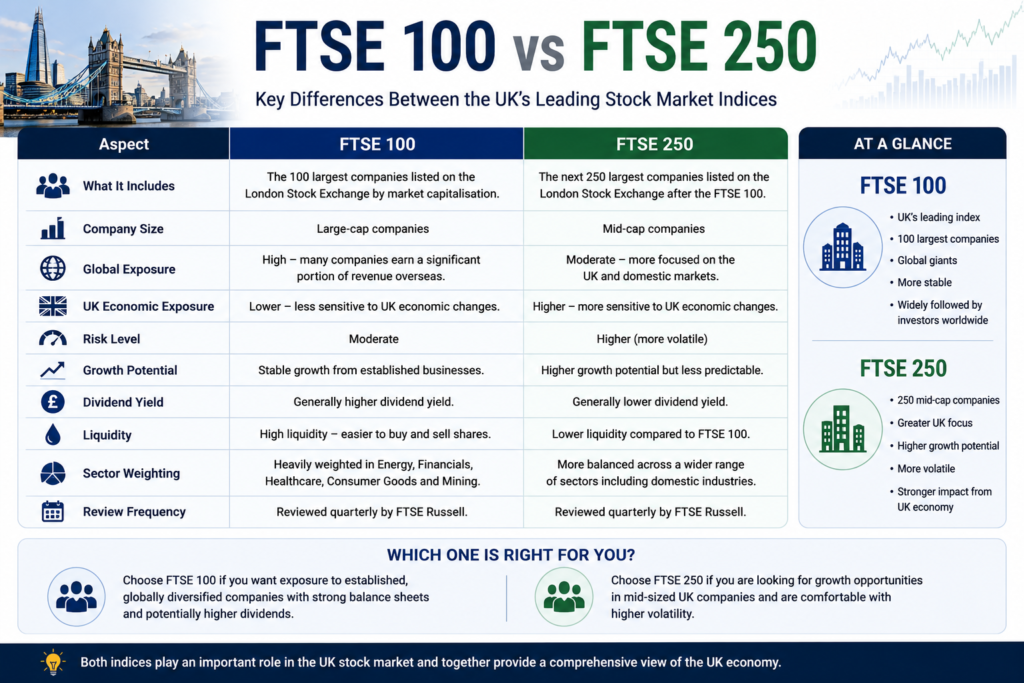 FTSE 100 vs FTSE 250 comparison chart.