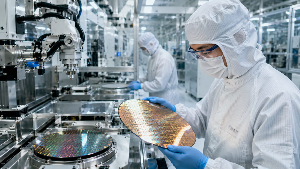 Semiconductor manufacturing facility producing advanced memory chips used in artificial intelligence, cloud computing, and consumer electronics.