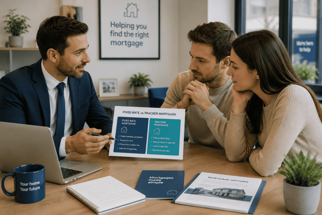 Mortgage adviser discussing home loan options with first-time buyers in the UK.