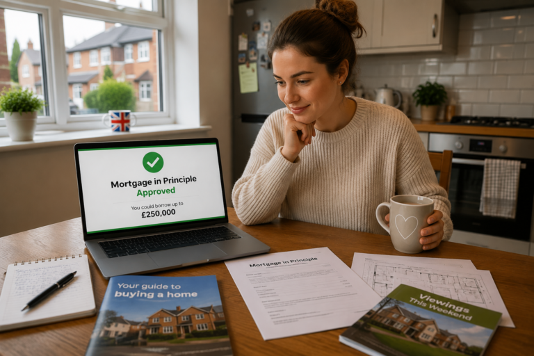 First-time UK homebuyer reviewing a Mortgage in Principle before viewing properties