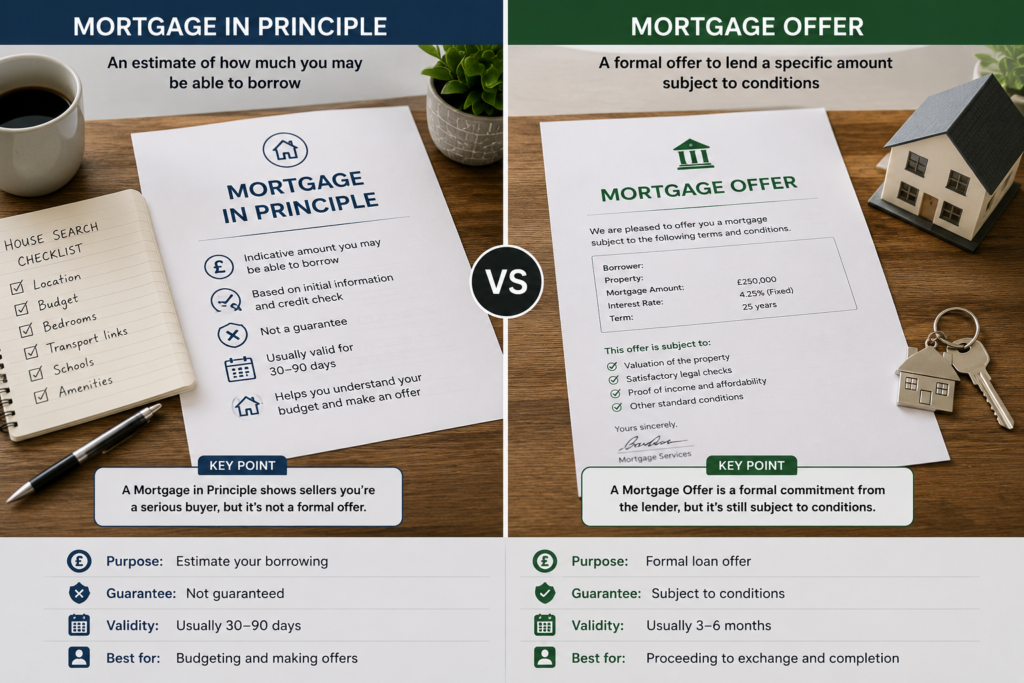 Comparison of a Mortgage in Principle and a formal mortgage offer in the UK