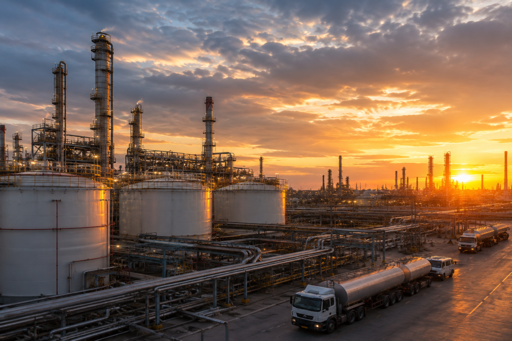 Oil refinery and fuel storage tanks representing rising global oil prices affecting UK inflation.