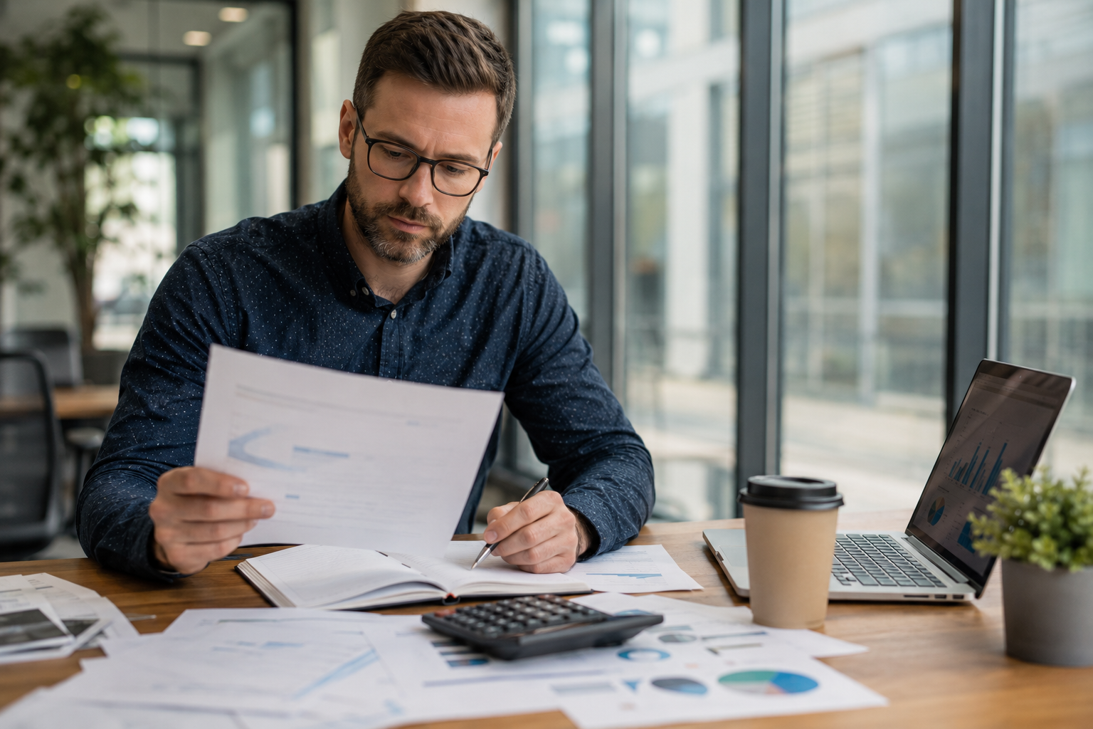 Small business owner reviewing UK business grant funding documents in an office