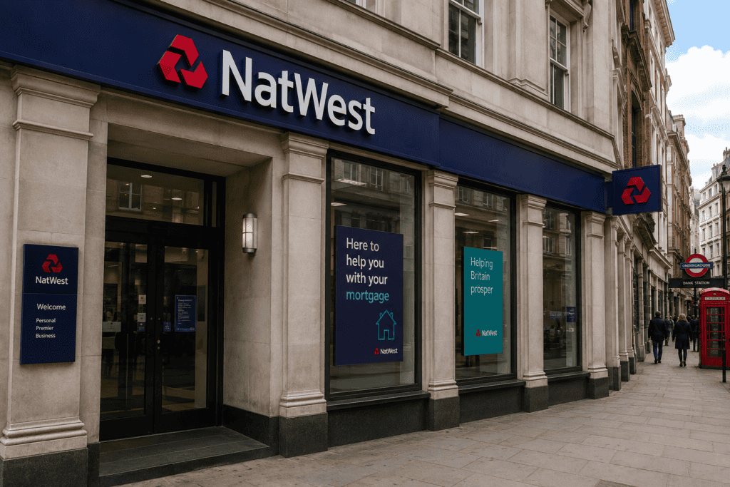 Exterior of a UK bank branch offering mortgage and home loan services.