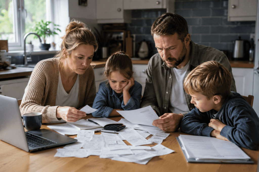 British family reviewing household bills as UK Inflation Today affects the cost of living.