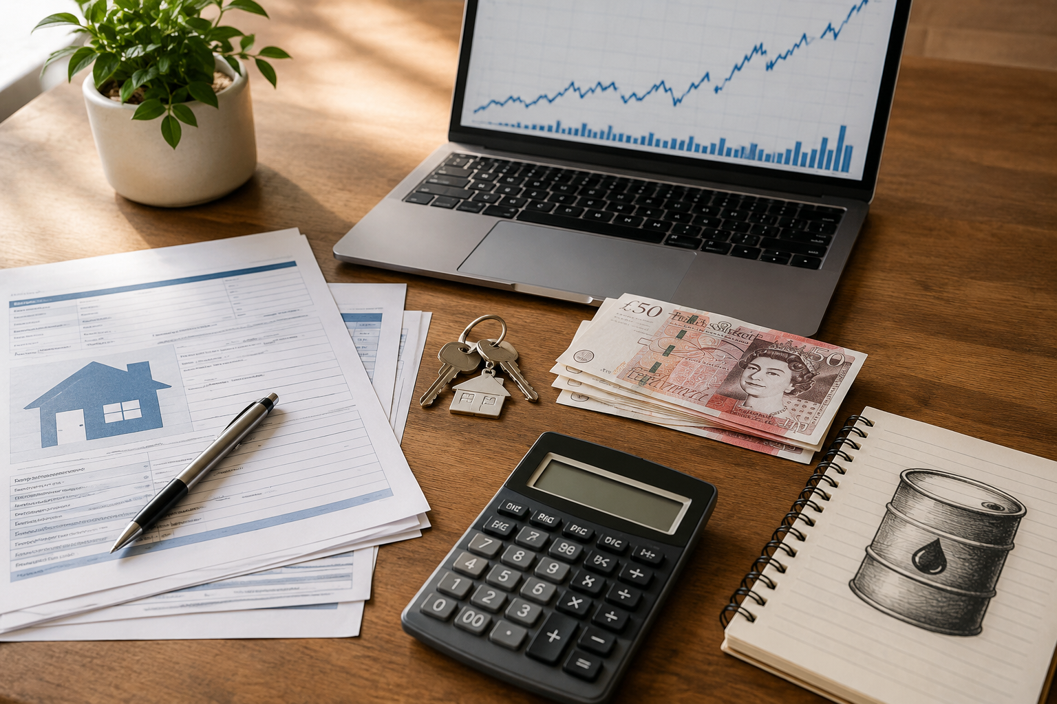 UK mortgage documents, calculator and financial planning tools showing the impact of UK interest rates.
