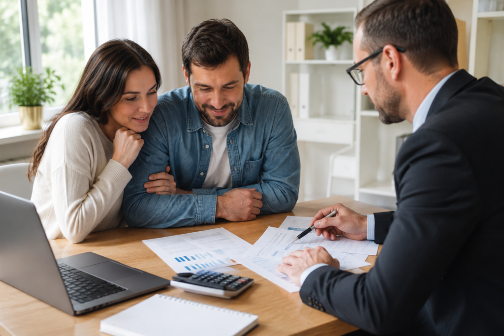 British couple reviewing mortgage options with a financial adviser during changing UK interest rates.
