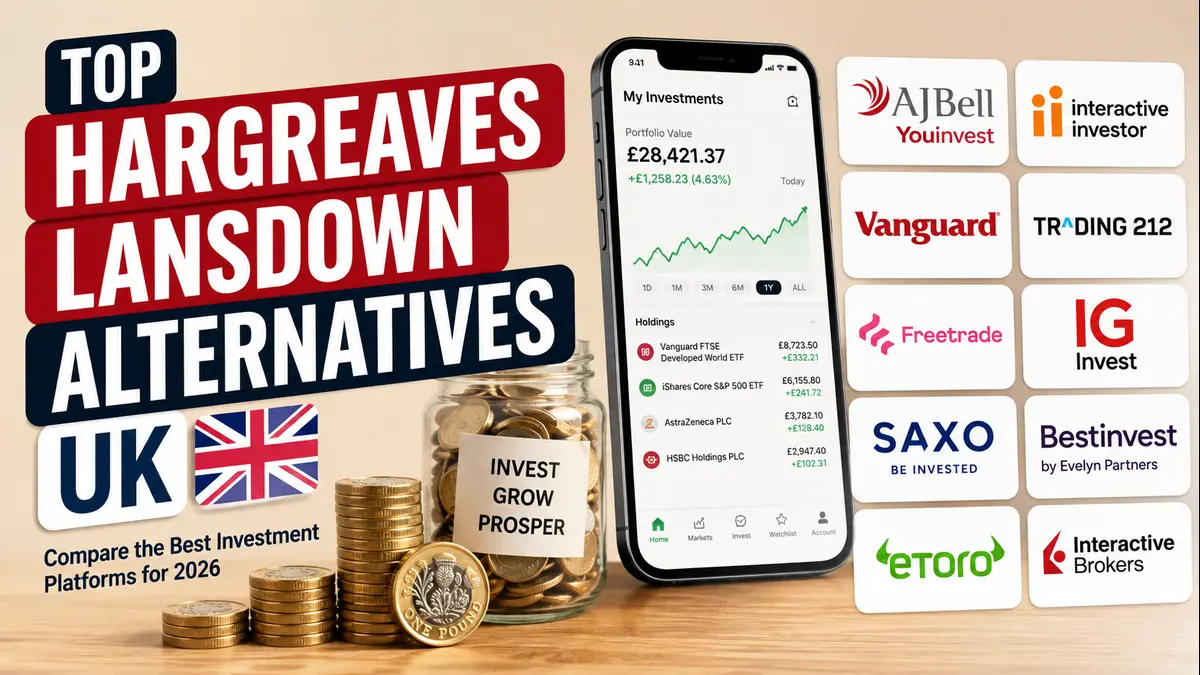 Stack of pound coins with smartphone showing investment app text overlay: Top Hargreaves Lansdown Alternatives UK