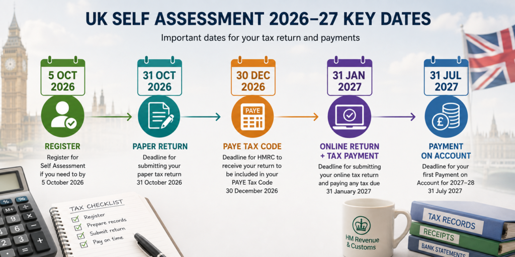 UK Self Assessment 2026 registration filing and payment deadlines