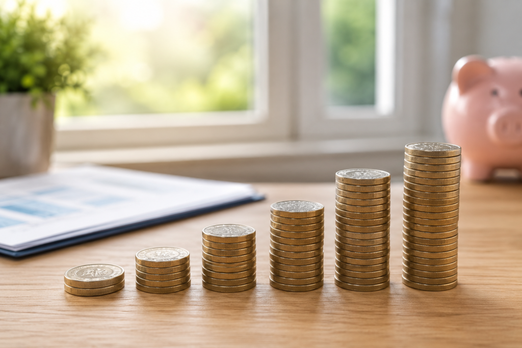 Stacks of British pound coins on a desk representing the best savings account UK 2026 and higher interest rates.