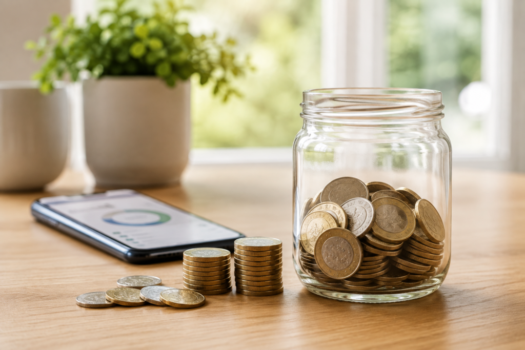 Glass savings jar filling with British pound coins to represent automatic saving and the best savings account UK 2026.