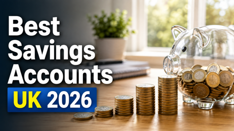 British pound coin stacks and a glass piggy bank representing the best savings accounts and highest UK interest rates in 2026.