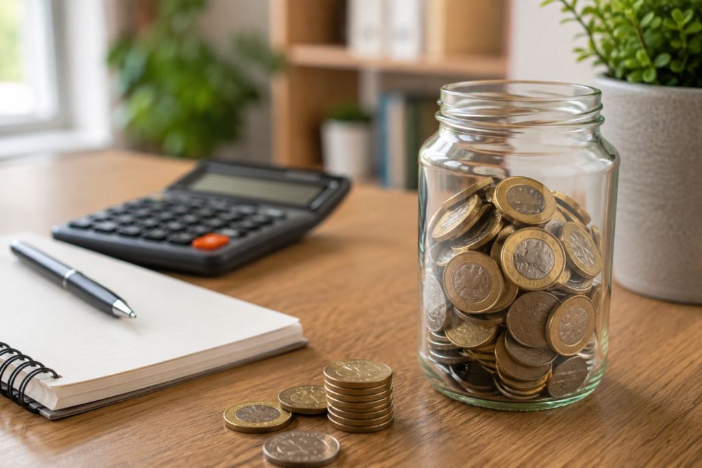 Emergency savings jar with UK pound coins beside a budgeting notebook and calculator representing financial security.