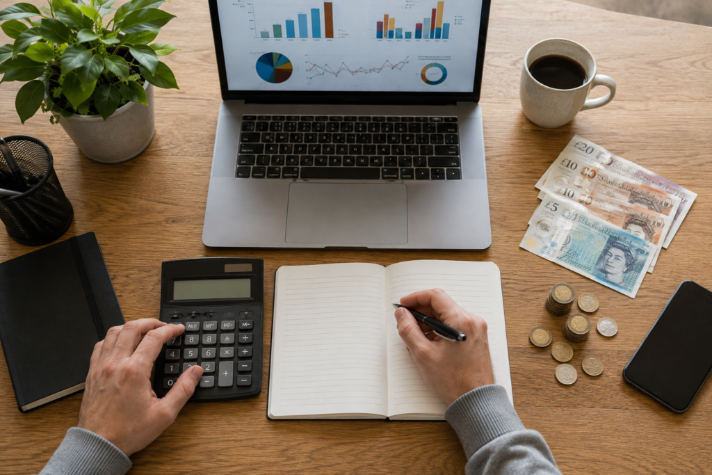 Person's hands reviewing household finances with calculator, notebook, laptop, and UK pound notes.
